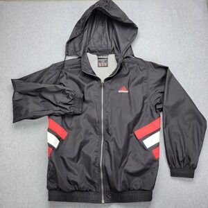 Adidas Windbreaker Jacket Black Red White Stripes Hooded Youth Women XL VTG